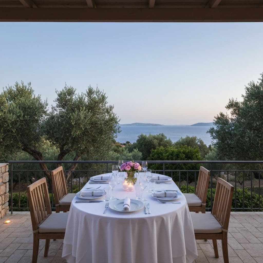 Vista aerea di Villa Serena con uliveti e mare sullo sfondo